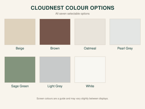 CloudNest bed colour chart showing Beige, Brown, Oatmeal, Pearl Grey, Sage Green, Light Grey and White