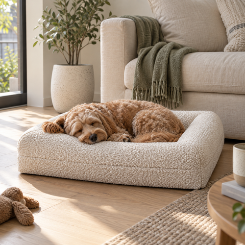 Apricot Cavoodle sleeping naturally in the cream bouclé CloudNest bolster bed