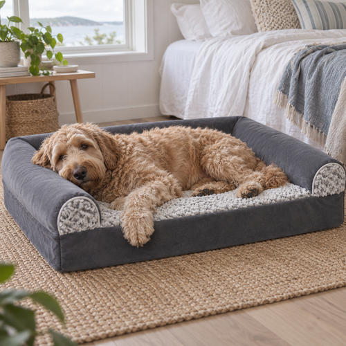 Large caramel Groodle resting in the grey CloudSoft four-season dog bed