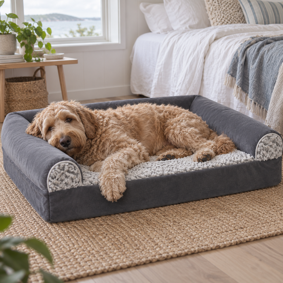 Large caramel Groodle resting in the grey CloudSoft four-season dog bed