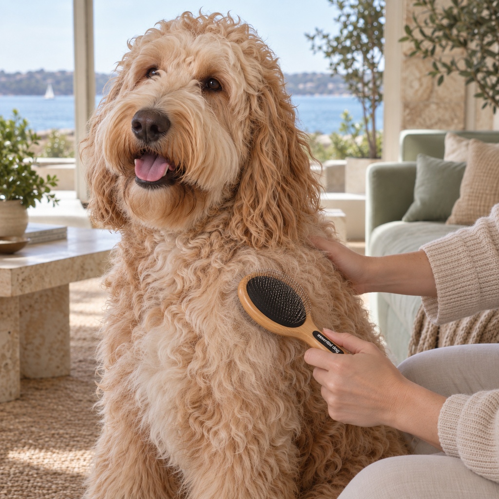 Cream Groodle with the Essential Dog bamboo slicker brush in a light Sydney home