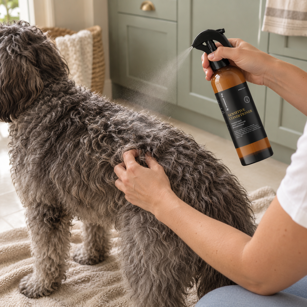 Essential Dog Sensitive Leave-In Conditioner 250mL lightly misted onto a charcoal Groodle's back during coat care