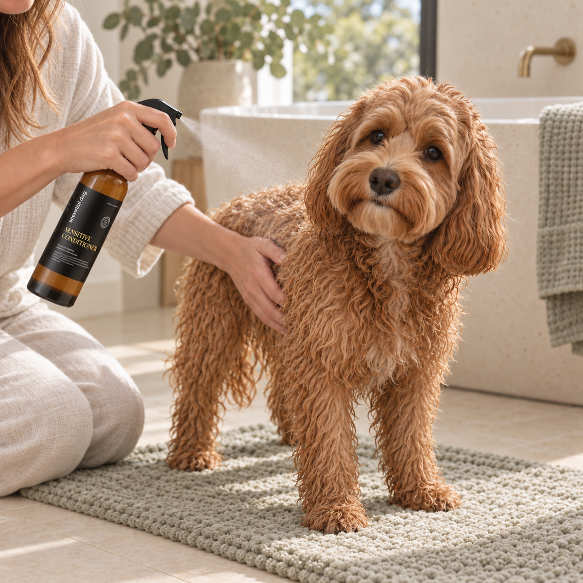 Essential Dog Sensitive Leave-In Conditioner — 250mL in a natural Cavoodle or Groodle care routine at home