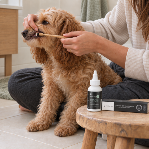 Cavoodle having its outer teeth gently brushed with the Essential Dog bamboo toothbrush and herbal toothpaste kit