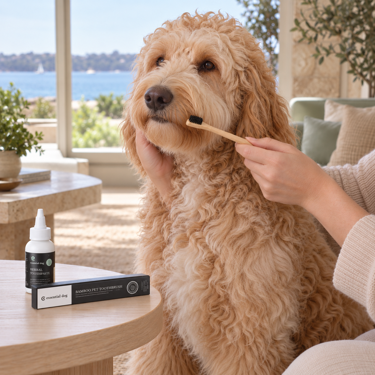 Essential Dog Bamboo Dental Kit — Toothpaste & Brush with a cream Groodle learning a toothbrushing routine