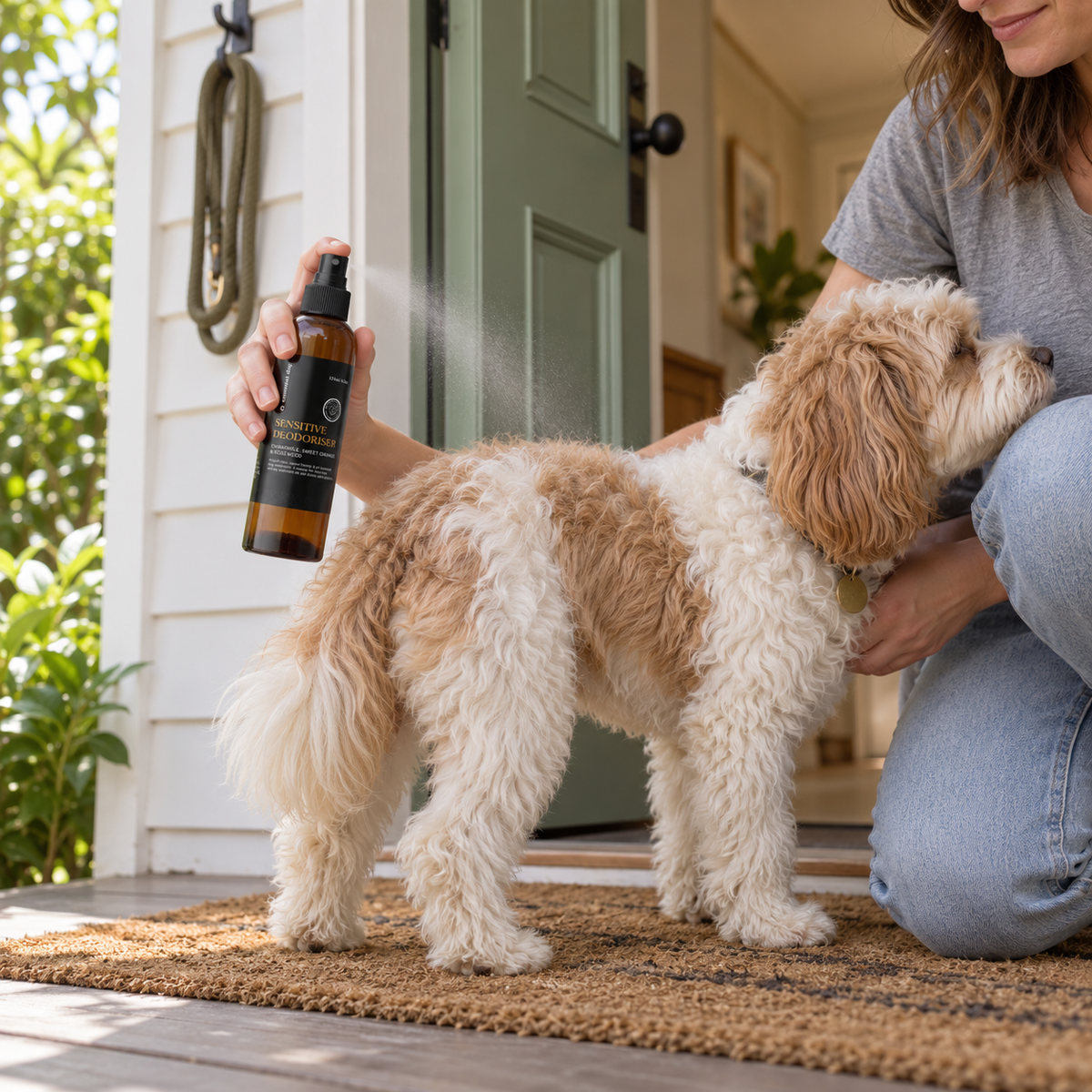 Parti Cavoodle receiving a light coat refresh after a walk with Essential Dog Sensitive Deodoriser 125mL