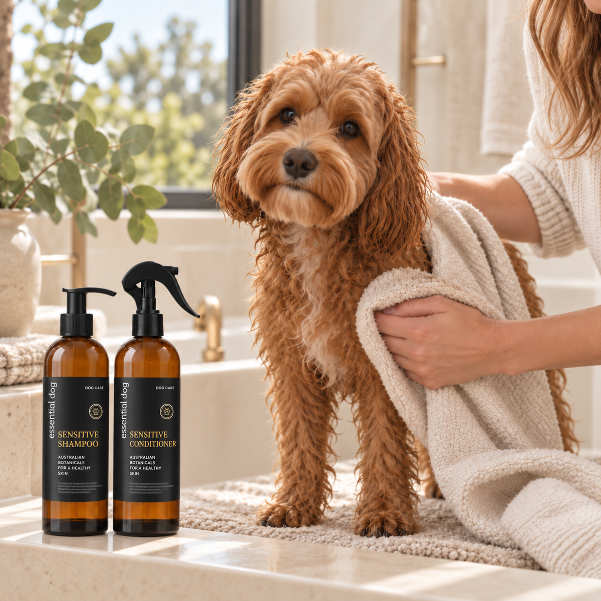 Essential Dog Sensitive Wash Duo — 2 × 500mL in a natural Cavoodle or Groodle care routine at home