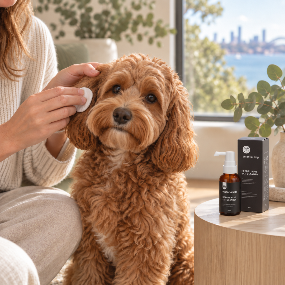 Essential Dog Herbal Plus Ear Cleaner — 50mL with a caramel Cavoodle during gentle ear care