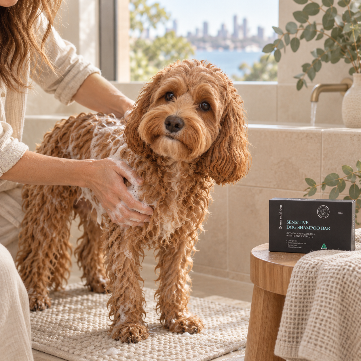 Essential Dog Oatmeal & Goat’s Milk Shampoo Bar — 100g in a natural Cavoodle or Groodle care routine at home