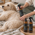 Cream Groodle resting during coat care with the three-piece Essential Dog Sensitive Skin Care Pack
