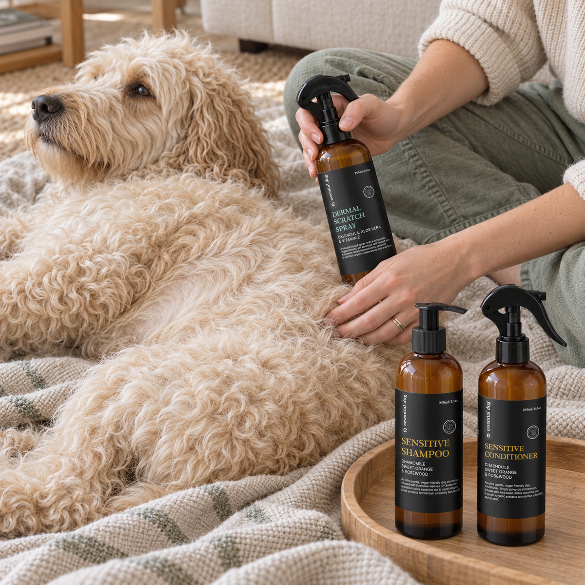 Cream Groodle resting during coat care with the three-piece Essential Dog Sensitive Skin Care Pack