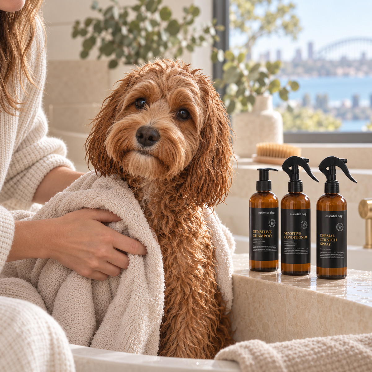 Essential Dog Sensitive Skin Care Pack — 3 × 250mL in a natural Cavoodle or Groodle care routine at home