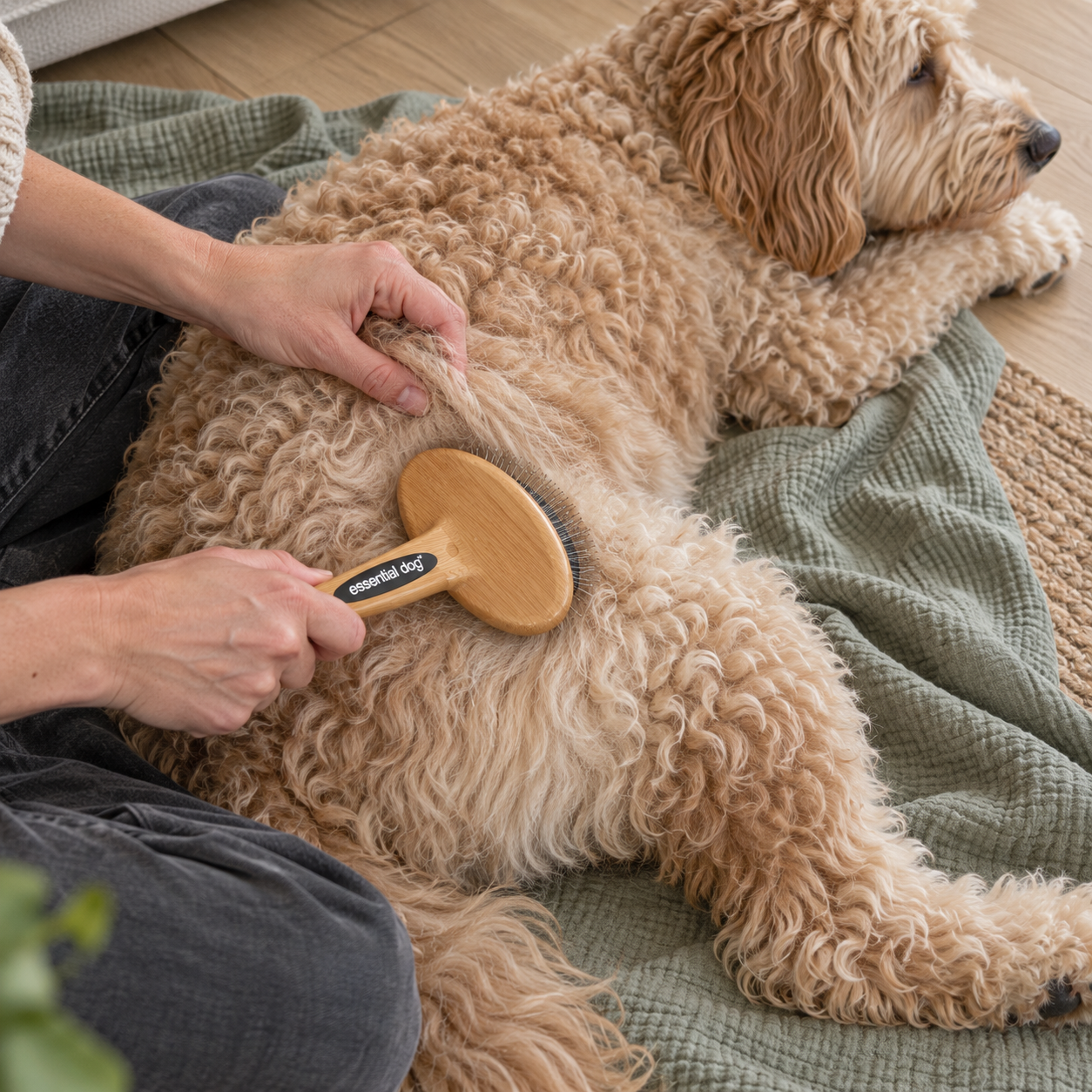 Essential Dog Bamboo Slicker Brush working through a parted section of a reclining Groodle's coat