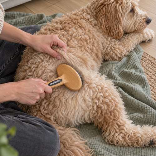 Essential Dog Bamboo Slicker Brush working through a parted section of a reclining Groodle's coat