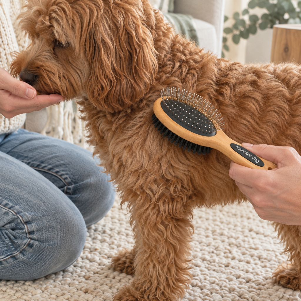 The bristle side of the Essential Dog Bamboo Two-Sided Brush gently brushing a Cavoodle's coat, with the opposite pin side visible