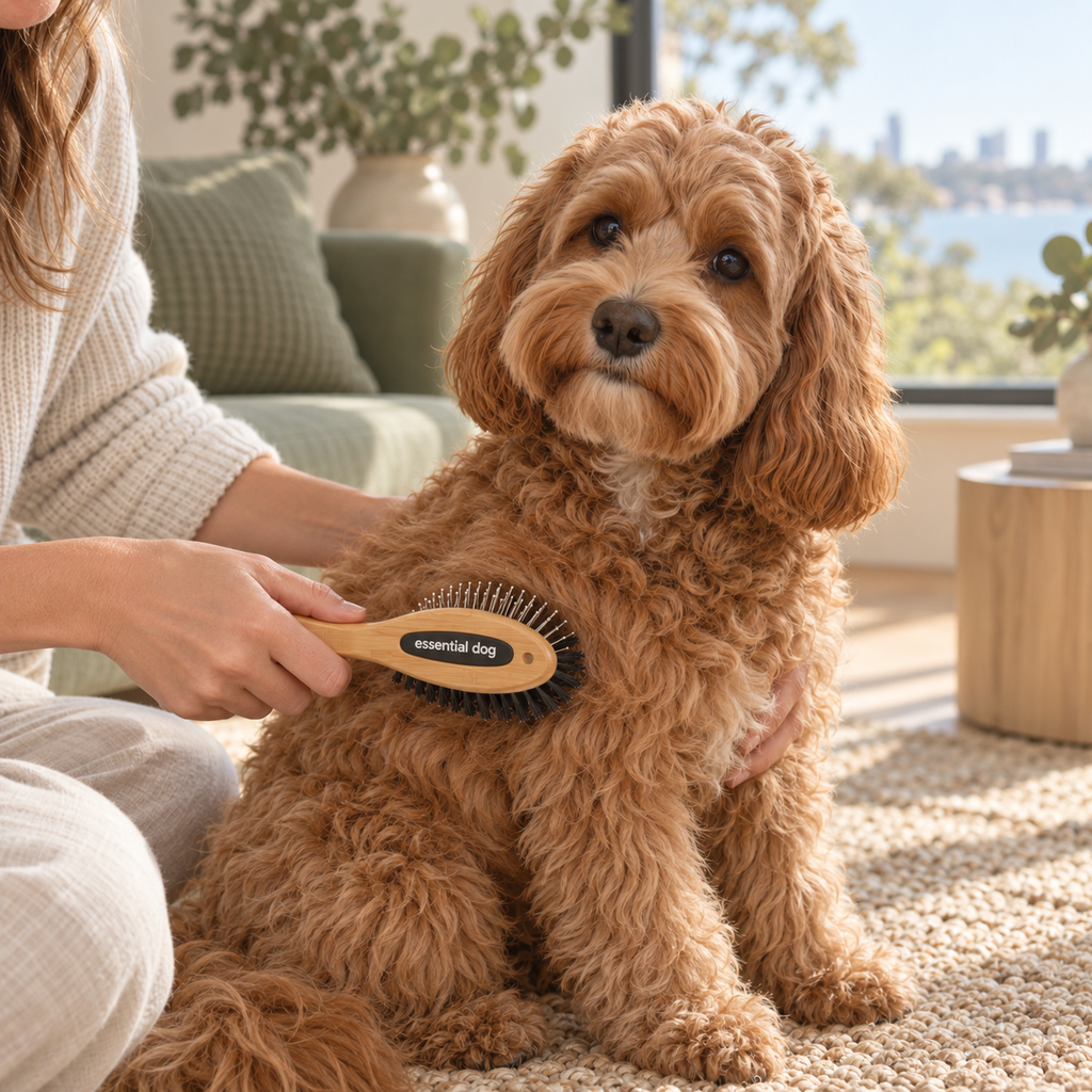 Essential Dog Bamboo Two-Sided Brush in a natural Cavoodle or Groodle care routine at home