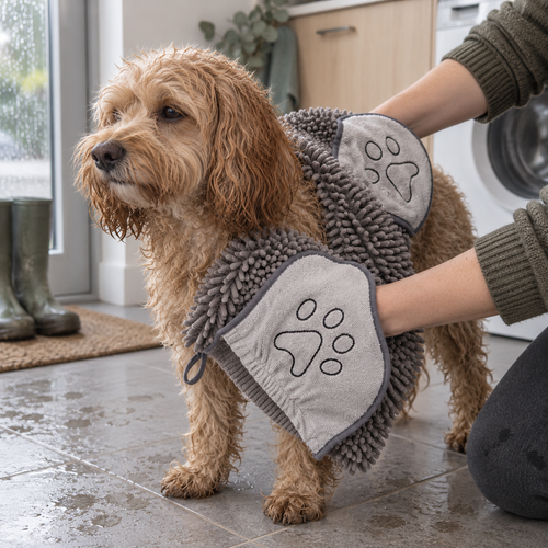 Damp apricot Cavoodle being dried with the grey chenille hand-pocket towel