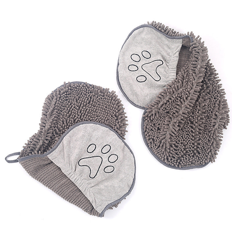 Grey chenille dog drying towel showing its two hand pockets