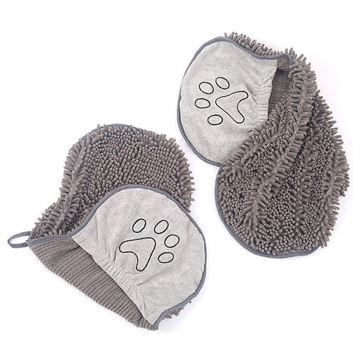 Grey chenille dog drying towel showing its two hand pockets