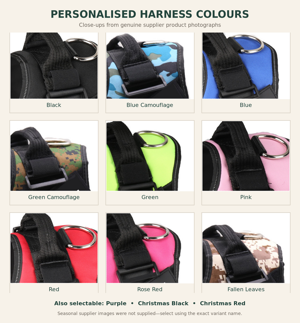Personalised harness colour guide using genuine supplier material close-ups
