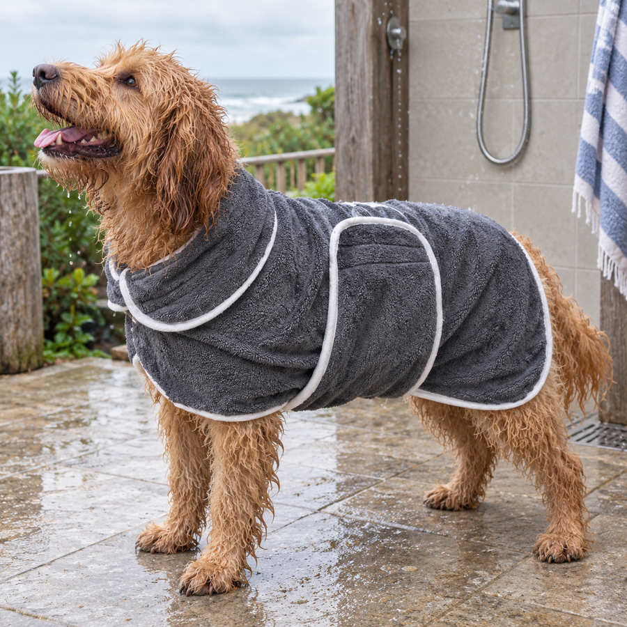 Wet caramel Groodle wearing the charcoal grey microfibre drying robe